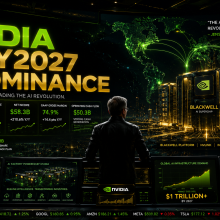 An ultra-realistic futuristic NVIDIA AI infrastructure command center featuring giant glowing Blackwell superchips, holographic global data networks, and a silhouette of Jensen Huang overlooking next-generation AI systems against a black background with a green, gold, and red color palette.