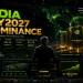 An ultra-realistic futuristic NVIDIA AI infrastructure command center featuring giant glowing Blackwell superchips, holographic global data networks, and a silhouette of Jensen Huang overlooking next-generation AI systems against a black background with a green, gold, and red color palette.