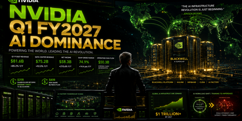 An ultra-realistic futuristic NVIDIA AI infrastructure command center featuring giant glowing Blackwell superchips, holographic global data networks, and a silhouette of Jensen Huang overlooking next-generation AI systems against a black background with a green, gold, and red color palette.
