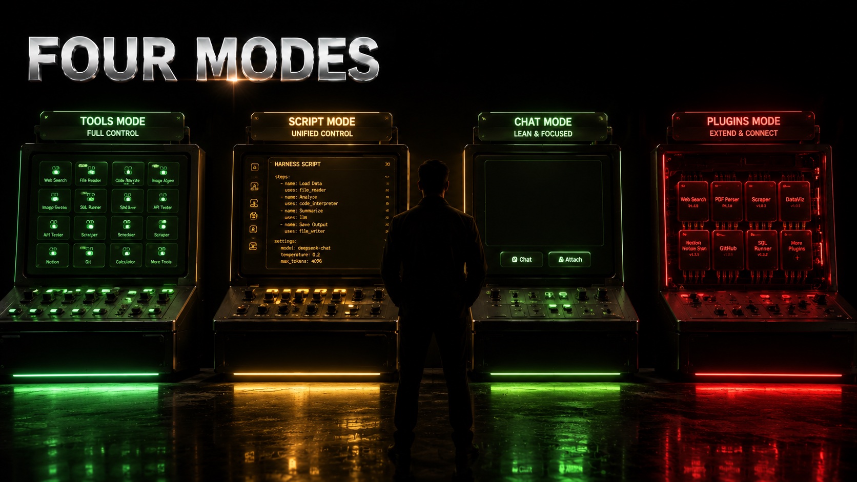 Four separate illuminated control panels representing four different agent execution modes