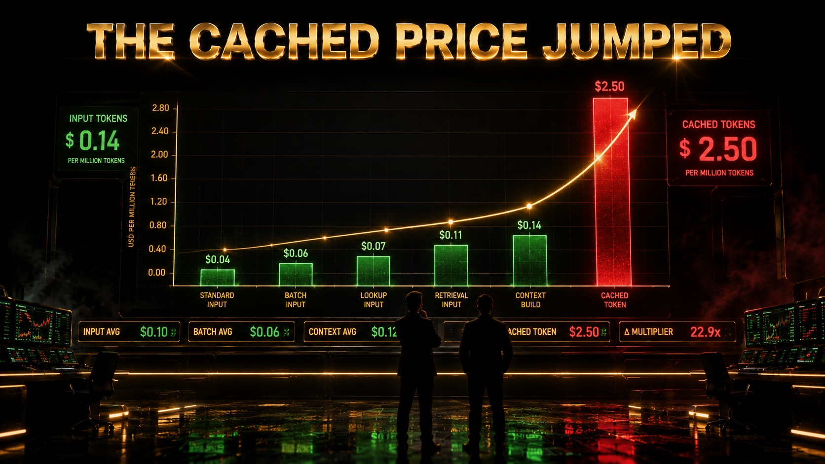 Rising bar chart of token costs on a trading style dashboard with a steep cached input column