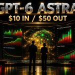 Neon trading-floor style wall of screens showing GPT-6 Astra benchmark scores