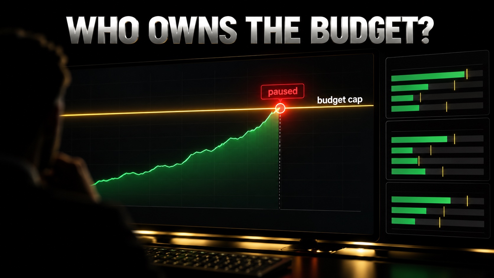 Financial dashboard with a gold spending cap line and a red pause signal on an agent job