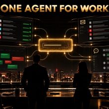 Dark office command centre with glowing screens showing an AI agent task queue