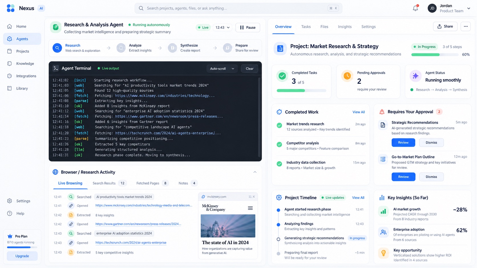 AI research and analysis agent running autonomously with a live terminal, browsing activity and an approval queue