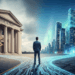 Investor choosing between traditional finance and blockchain future.