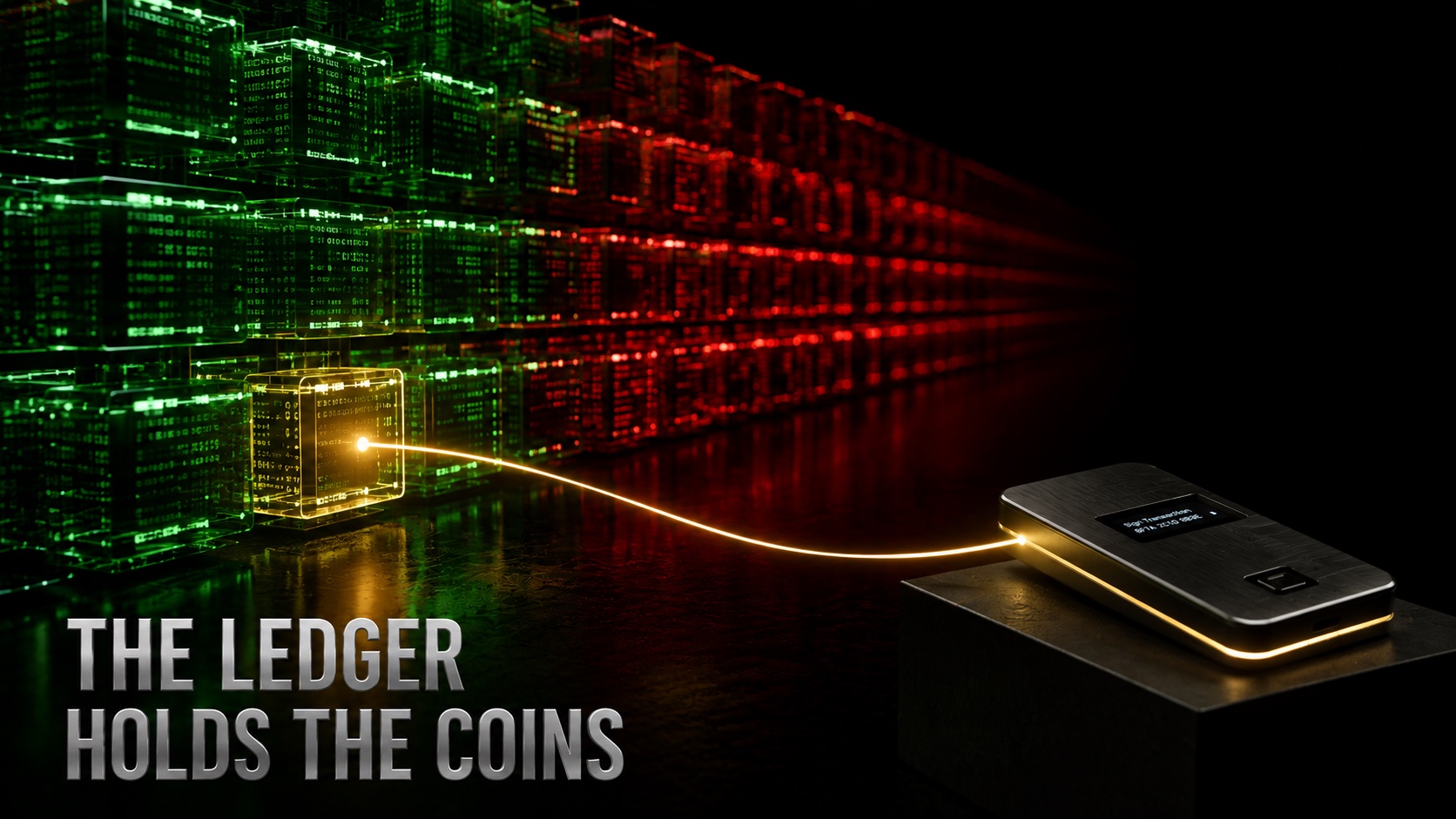 Abstract blockchain ledger rendered as glowing blocks with a thin gold line linking one record to a small offline signing device