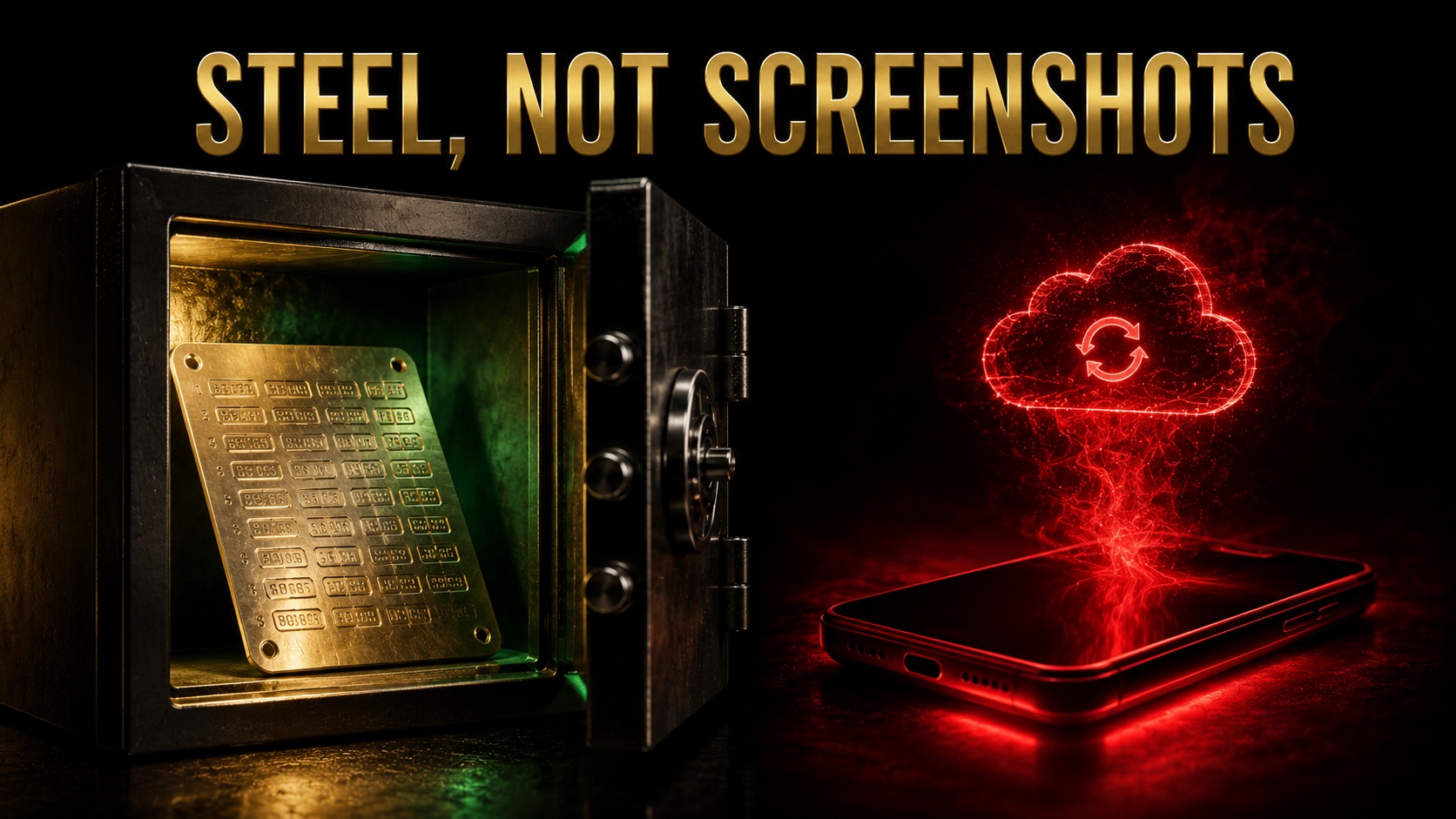 Stamped metal backup plate holding recovery words inside a dark safe, with red warning light spilling from a nearby phone screen