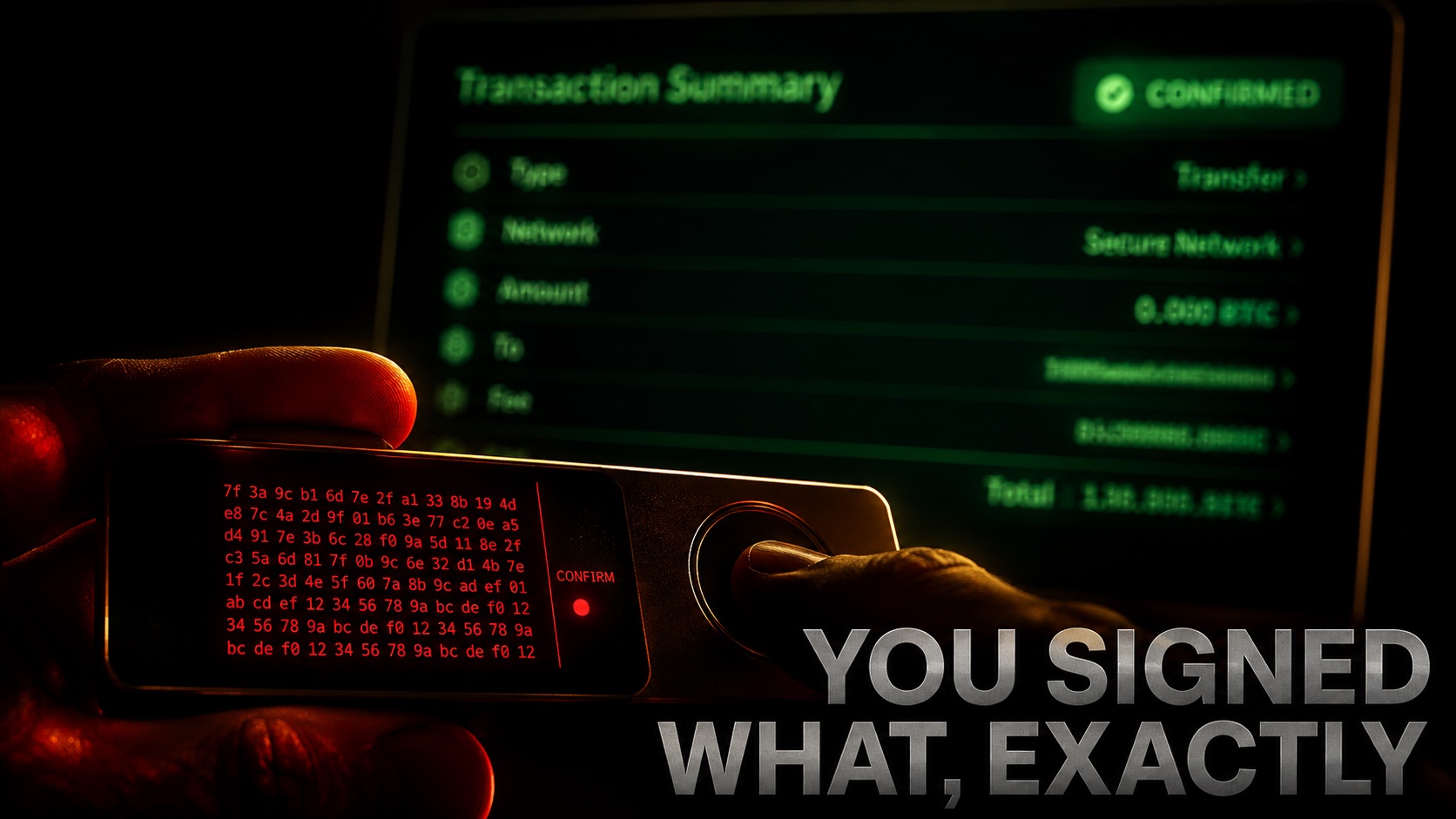 Small hardware wallet screen showing an unreadable hexadecimal string while a larger monitor behind it displays a clean, reassuring transaction summary