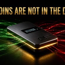 Brushed metal signing device on a black surface with gold light along its edge and green and red network traffic passing around it