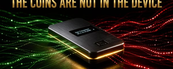 Brushed metal signing device on a black surface with gold light along its edge and green and red network traffic passing around it