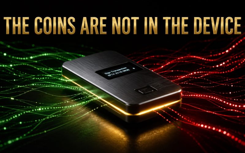 Brushed metal signing device on a black surface with gold light along its edge and green and red network traffic passing around it