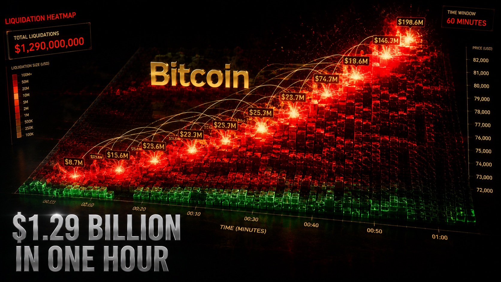 Liquidation heatmap showing a cascade of forced short covering across crypto exchanges