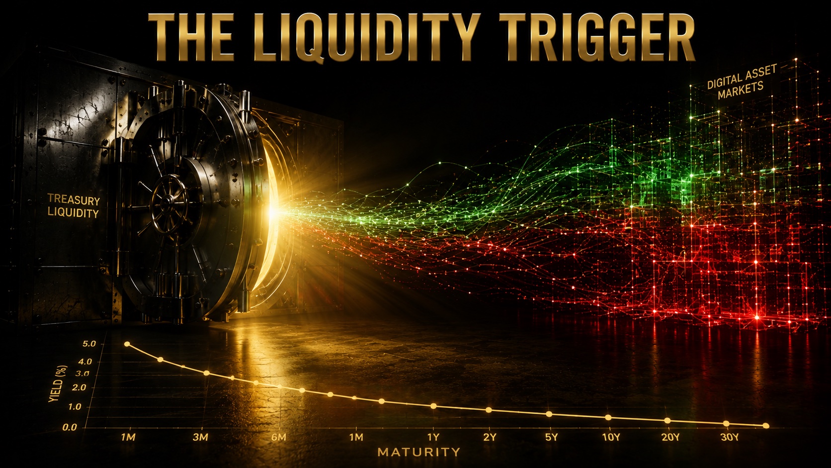 Long-dated Treasury bonds rendered as light flowing into a network of financial assets