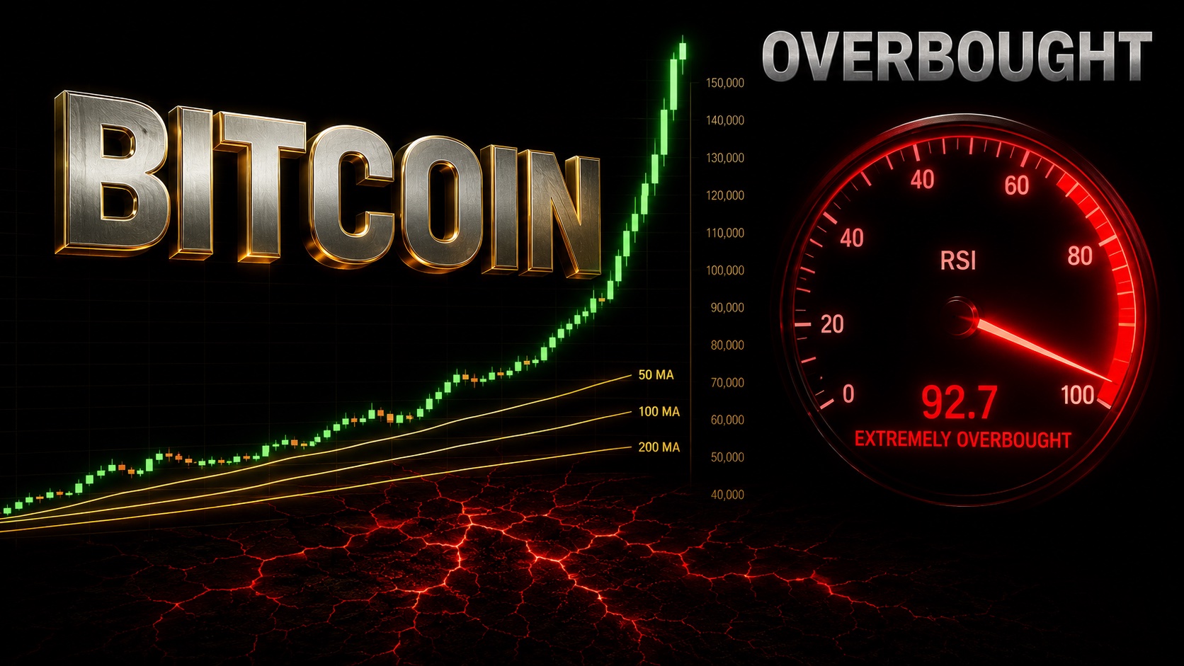 Overextended candlestick chart stretched far above its moving averages with a warning glow