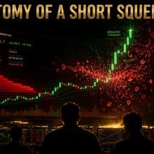Bitcoin short squeeze visualised as a cascading liquidation wall on a dark trading display