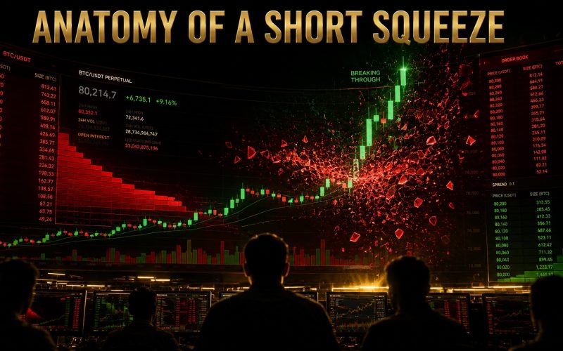 Bitcoin short squeeze visualised as a cascading liquidation wall on a dark trading display