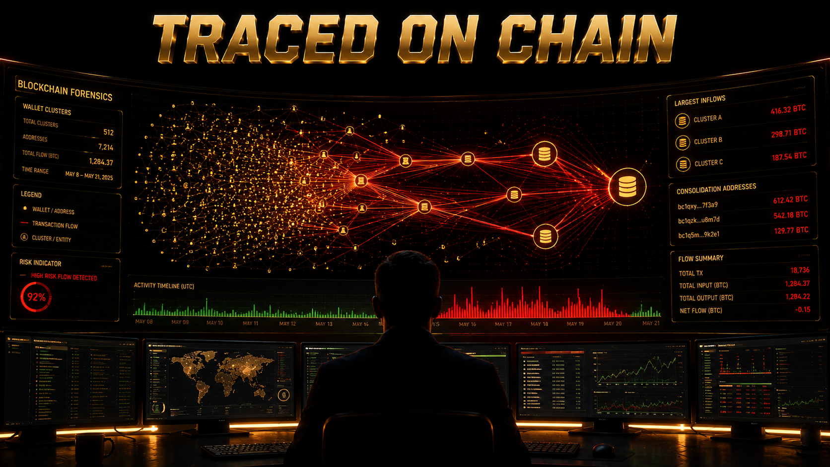 Blockchain forensics dashboard tracing clustered transaction flows between wallet addresses