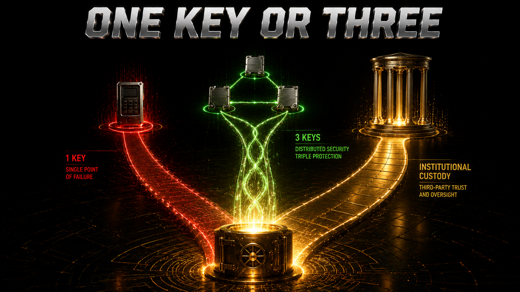Three glowing paths leading from a single Bitcoin holding toward different storage arrangements