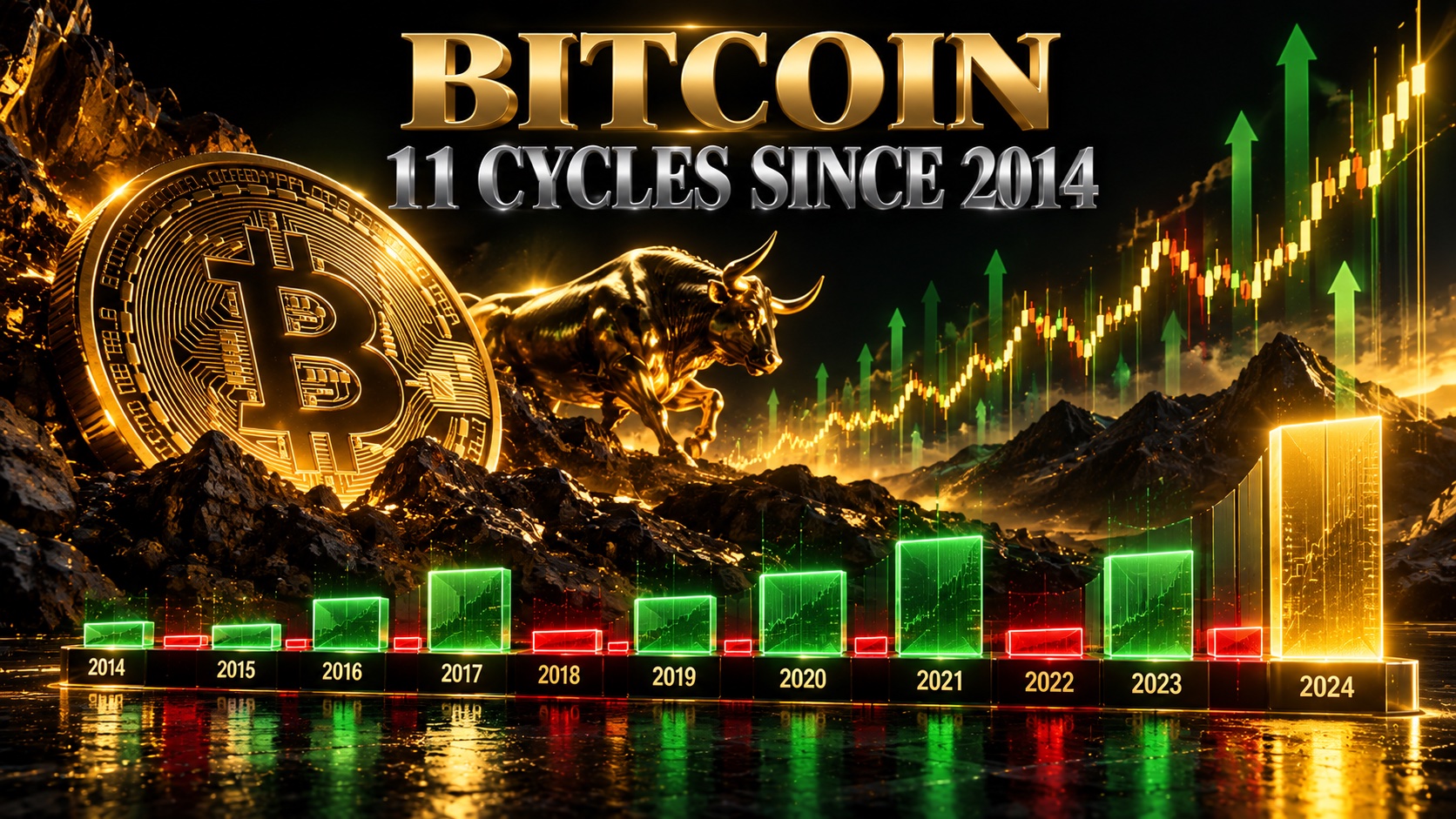 Timeline of eleven Bitcoin bull cycles from 2014 to 2026 rendered as glowing bars of different lengths