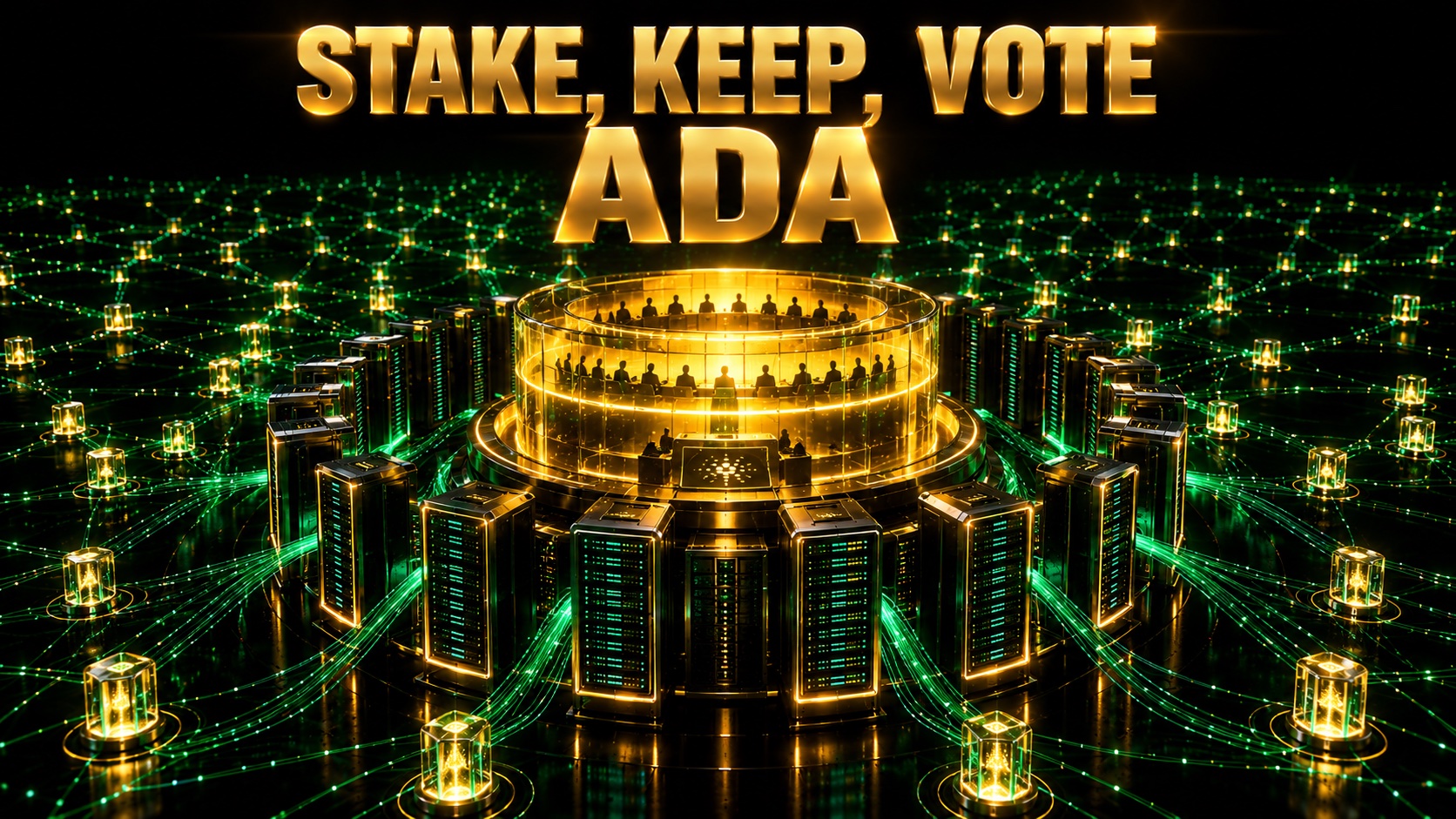 Thousands of small green light nodes feeding stake into a ring of server towers, with a gold governance chamber at the centre