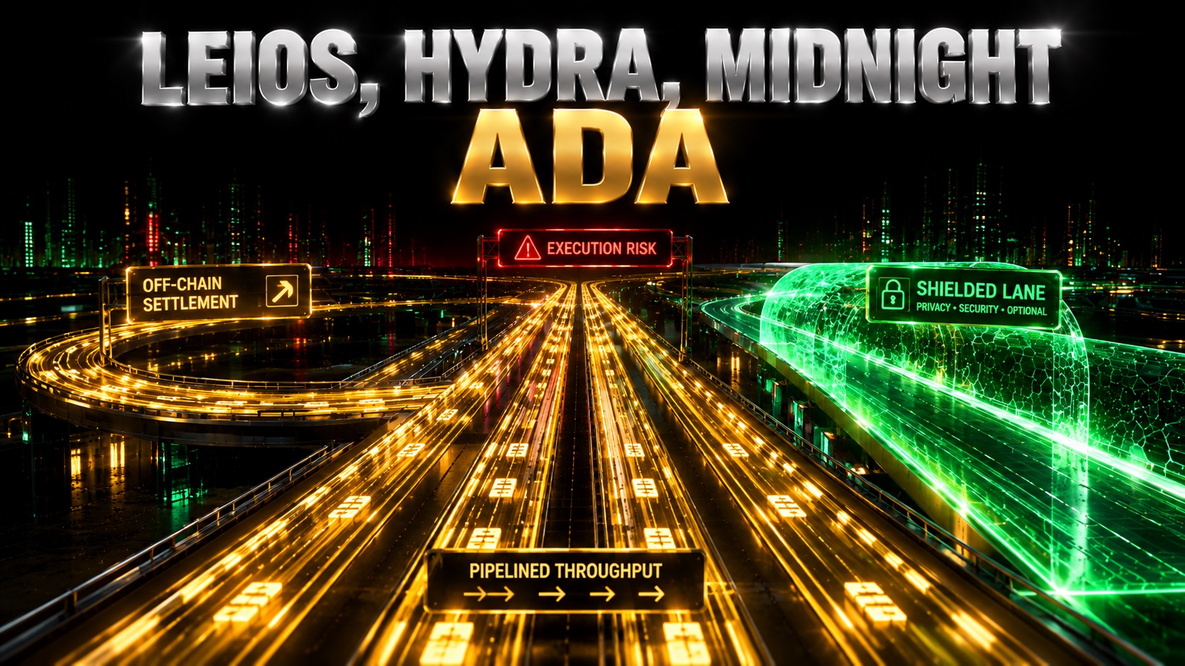 A multi-lane data highway branching off a main blockchain, with a shielded side lane glowing green and a red caution light over the main road
