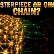 A vast glowing network mesh split between a bright gold ordered lattice and a dim sparse region, representing Cardano's rigorous design and its thin usage