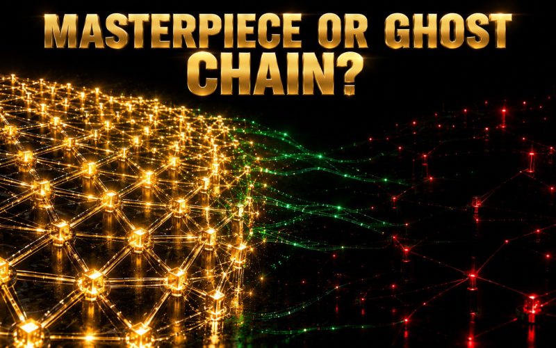 A vast glowing network mesh split between a bright gold ordered lattice and a dim sparse region, representing Cardano's rigorous design and its thin usage
