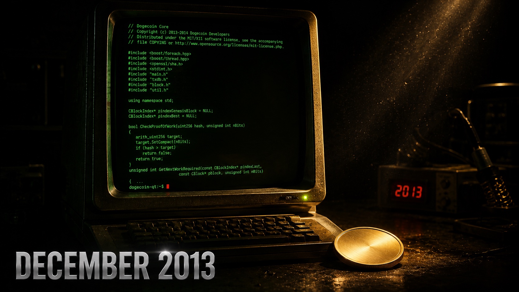 Vintage terminal screen showing early cryptocurrency code beside a coin motif