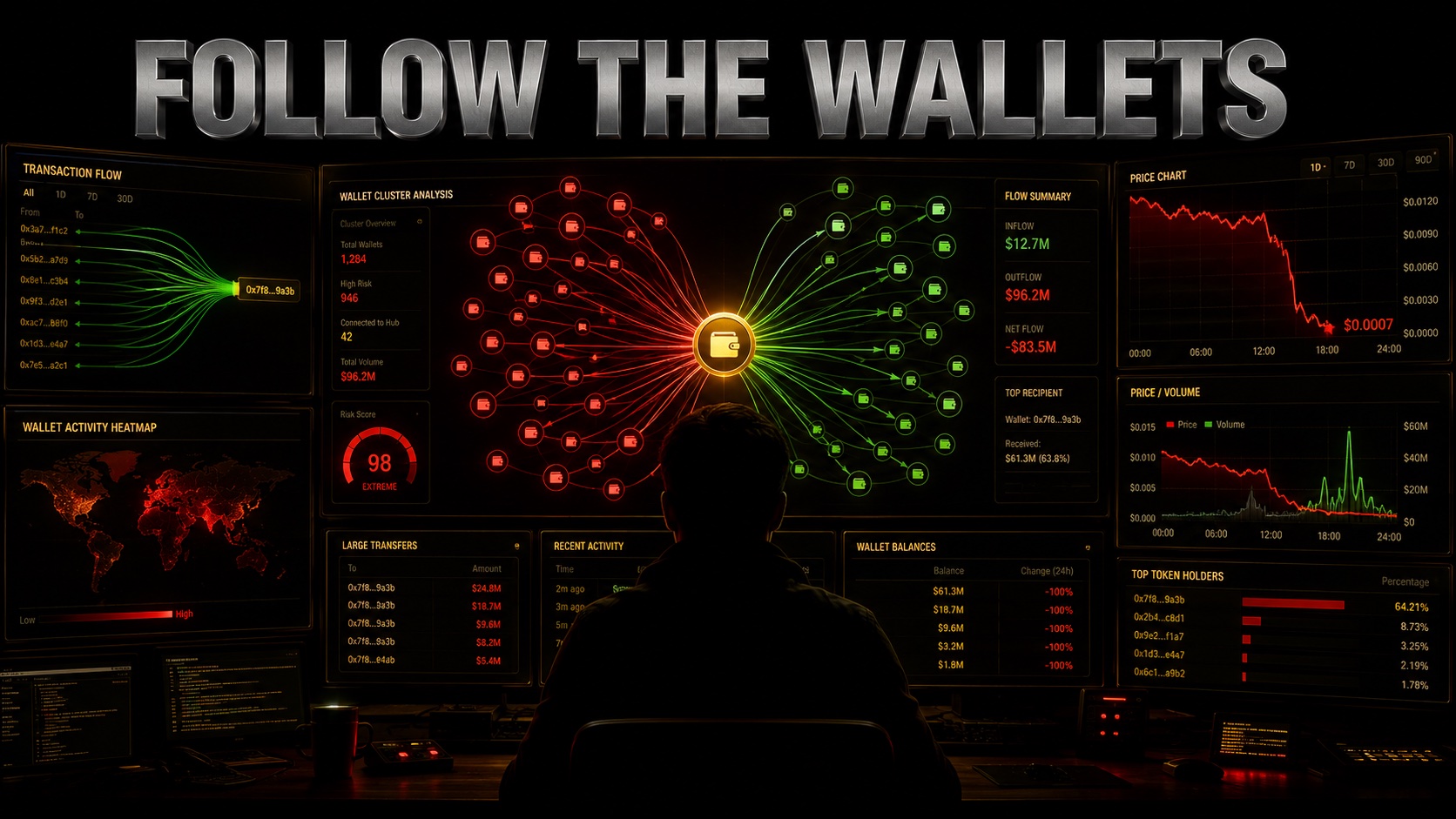 On-chain forensics dashboard tracing clustered wallets draining a liquidity pool