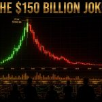 Glowing candlestick chart collapsing from a peak above a dark trading floor