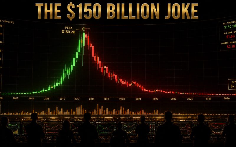 Glowing candlestick chart collapsing from a peak above a dark trading floor