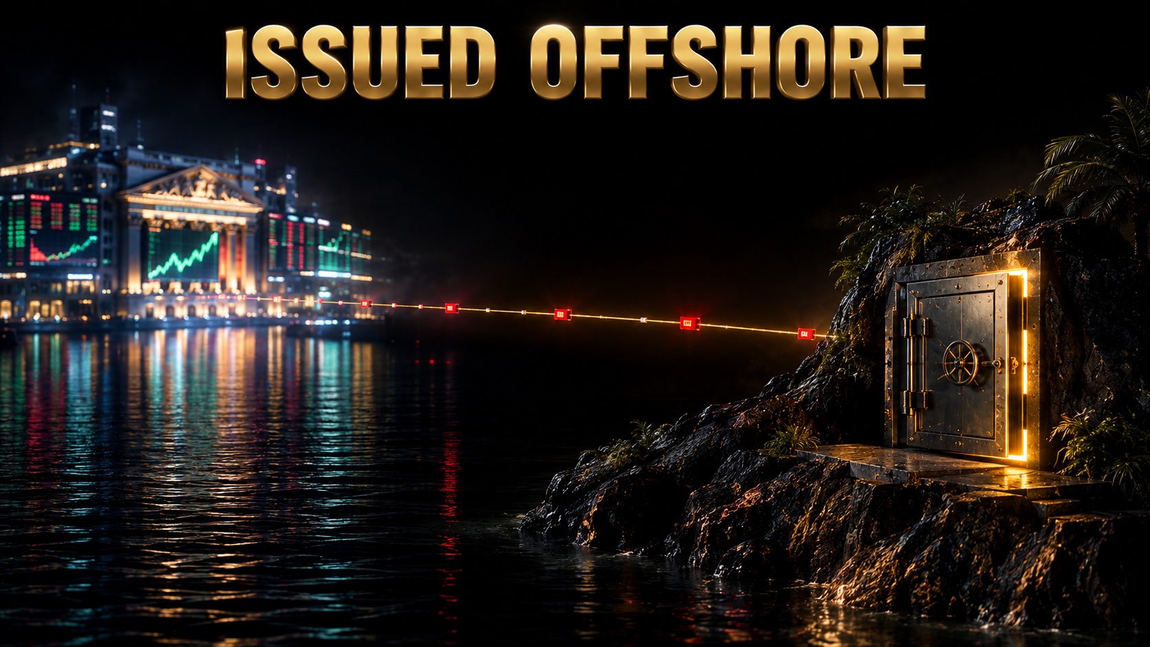 An offshore island vault linked by light to a distant regulated stock exchange floor
