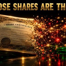 A tokenized share certificate dissolving into a glowing blockchain network against a black background