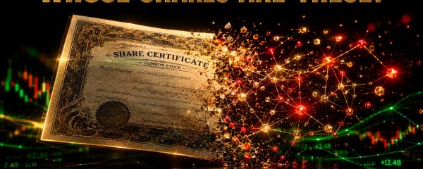 A tokenized share certificate dissolving into a glowing blockchain network against a black background