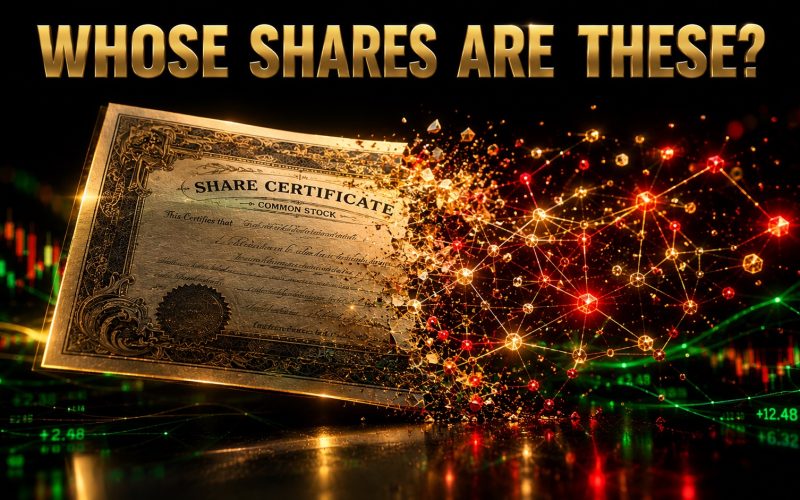 A tokenized share certificate dissolving into a glowing blockchain network against a black background