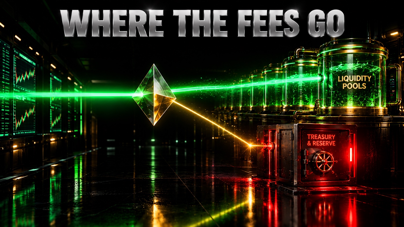 Two streams of light splitting inside a trading venue, one flowing to liquidity providers and one flowing into a burn vault