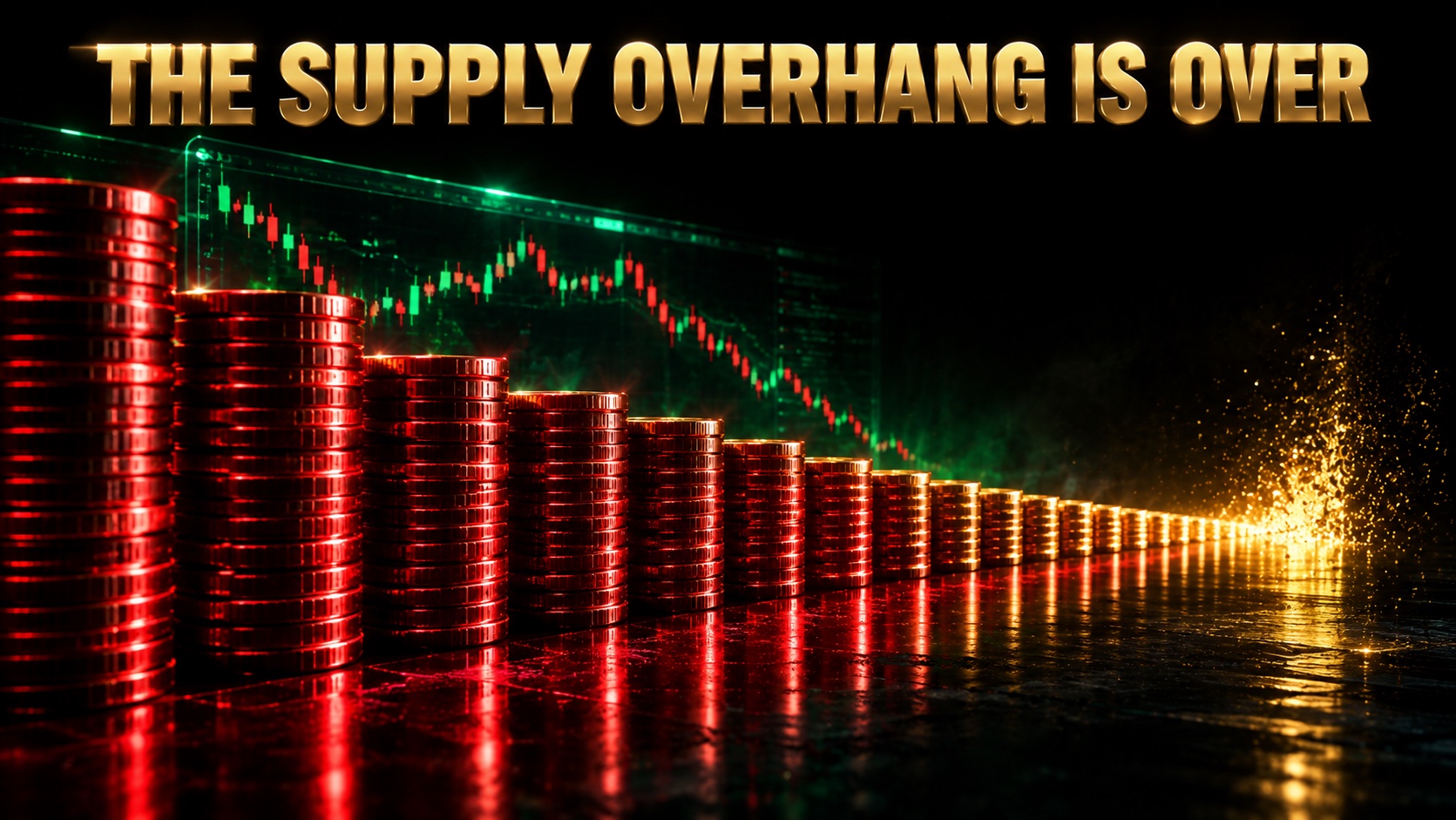 Descending stacks of metallic tokens on a dark trading floor, representing four years of UNI vesting supply