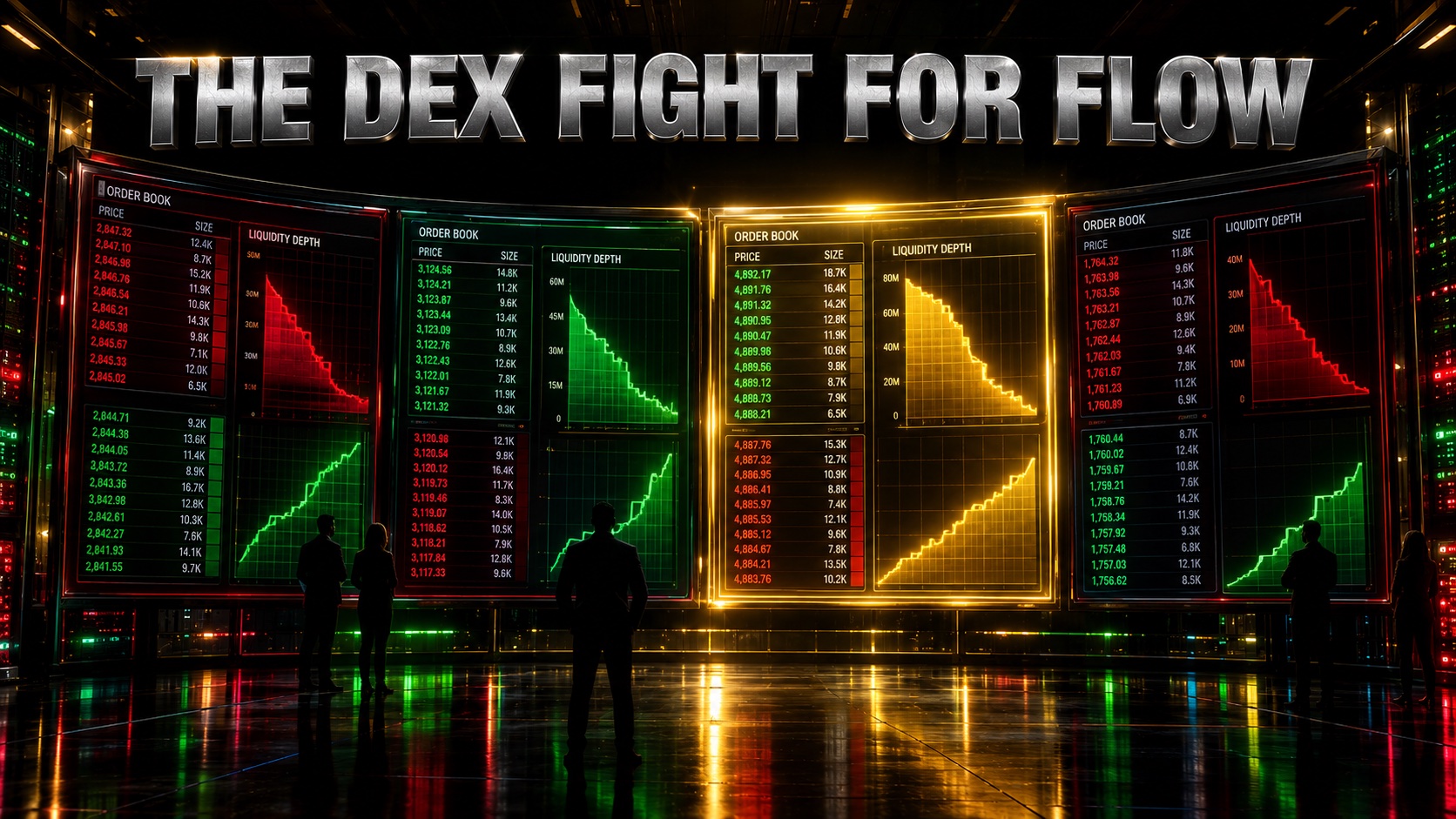 Multiple competing exchange order books and liquidity meshes glowing across a dark data centre wall