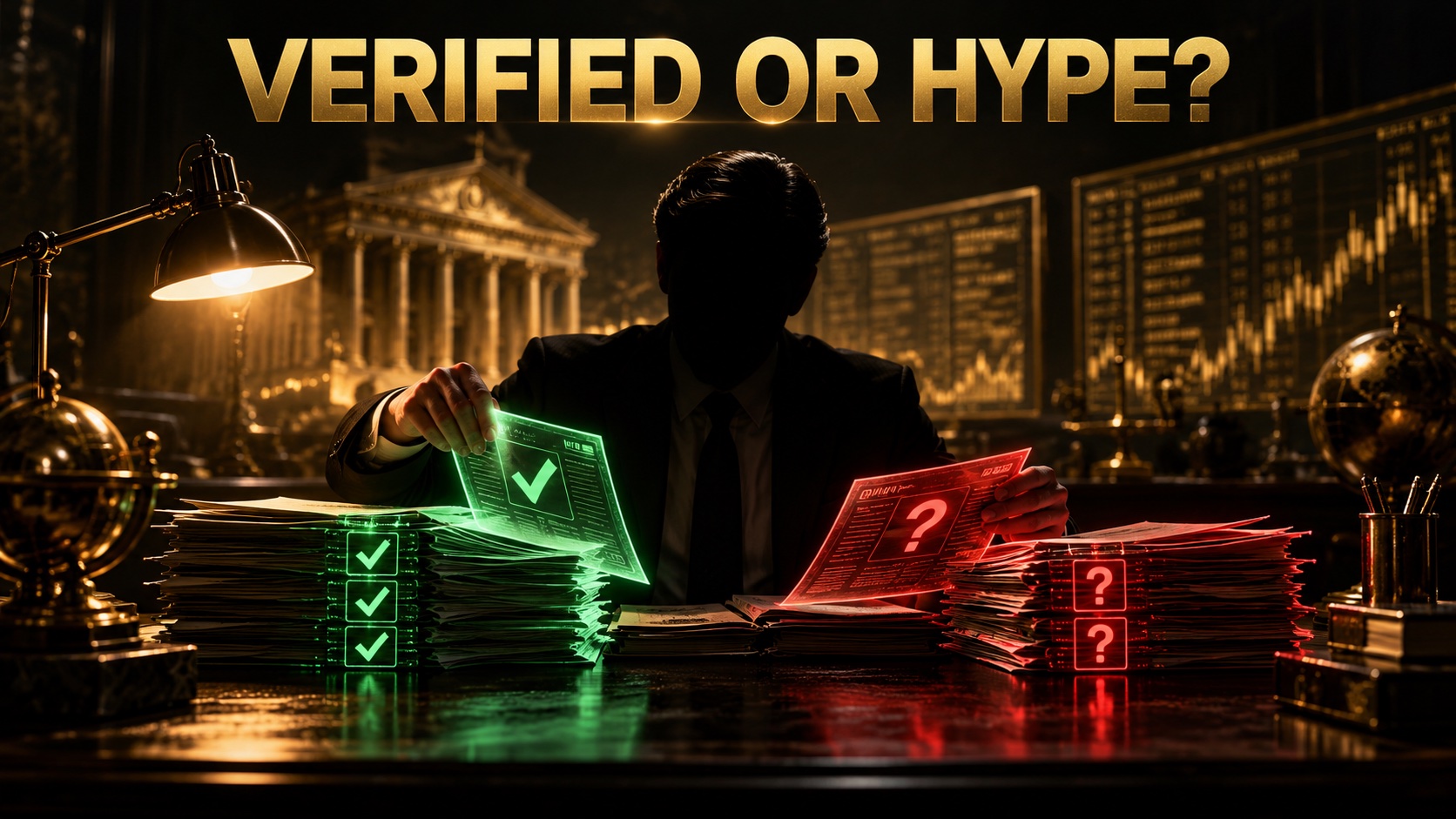 Anonymous analyst at a dark desk sorting glowing documents into green verified and red unverified stacks