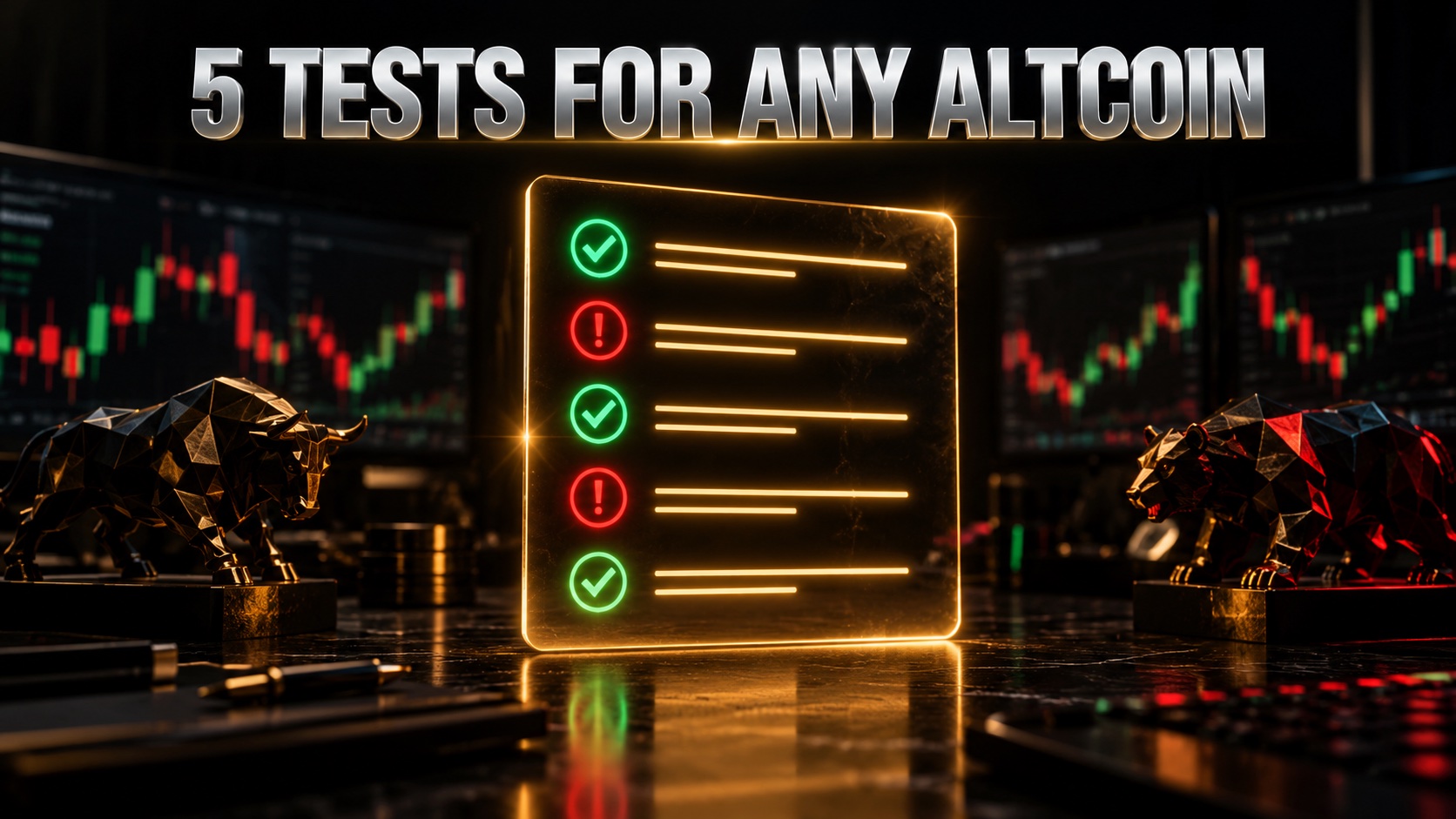 Holographic checklist floating above a trading desk with green ticks and red warning marks