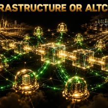 Glowing network of oracle nodes carrying gold data streams from a city skyline into a blockchain ledger