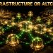 Glowing network of oracle nodes carrying gold data streams from a city skyline into a blockchain ledger