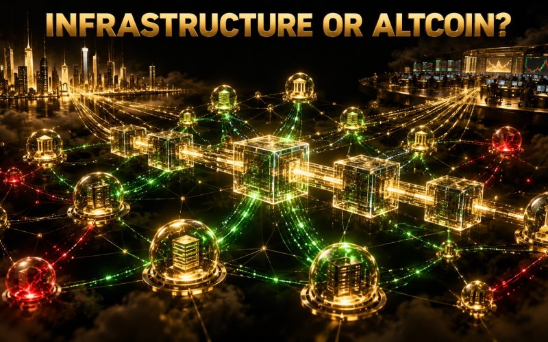Glowing network of oracle nodes carrying gold data streams from a city skyline into a blockchain ledger