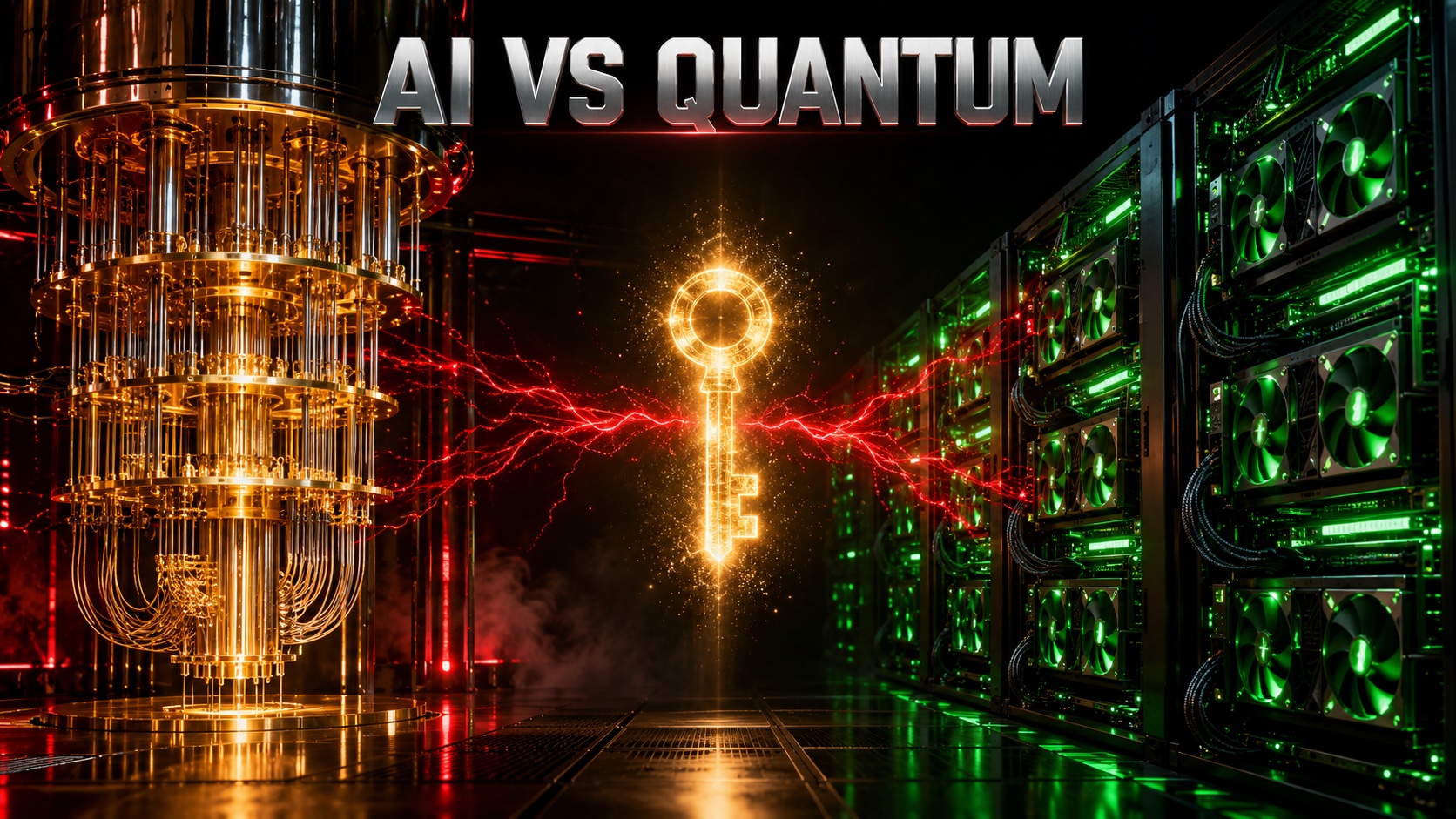 Split scene with a cooled quantum computer on one side and a dense rack of GPU servers on the other, both aimed at a glowing key