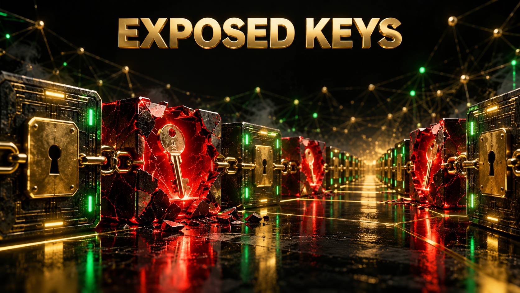 A blockchain ledger where some address blocks glow red with visible keys while others stay sealed behind gold hash locks