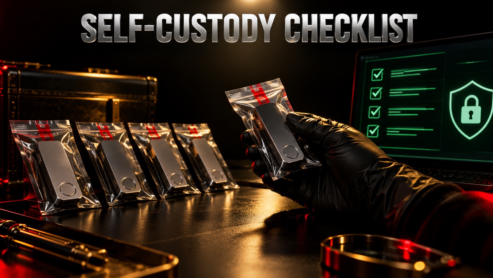 Several sealed hardware wallets laid out on a black desk under gold light beside a green checklist on a screen