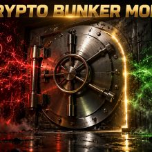 A brushed metal crypto vault door sealed shut while streams of glowing mathematical symbols swirl against it in the dark