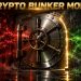 A brushed metal crypto vault door sealed shut while streams of glowing mathematical symbols swirl against it in the dark