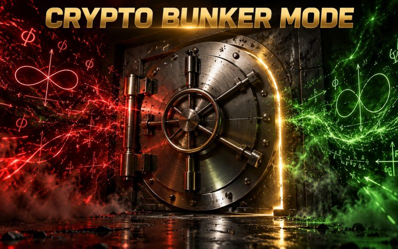 A brushed metal crypto vault door sealed shut while streams of glowing mathematical symbols swirl against it in the dark